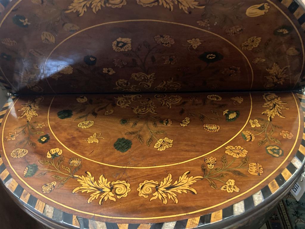 A near pair of 18th century Dutch floral marquetry walnut triple folding tea and card tables, larger 84cm x 40cm height 76cm